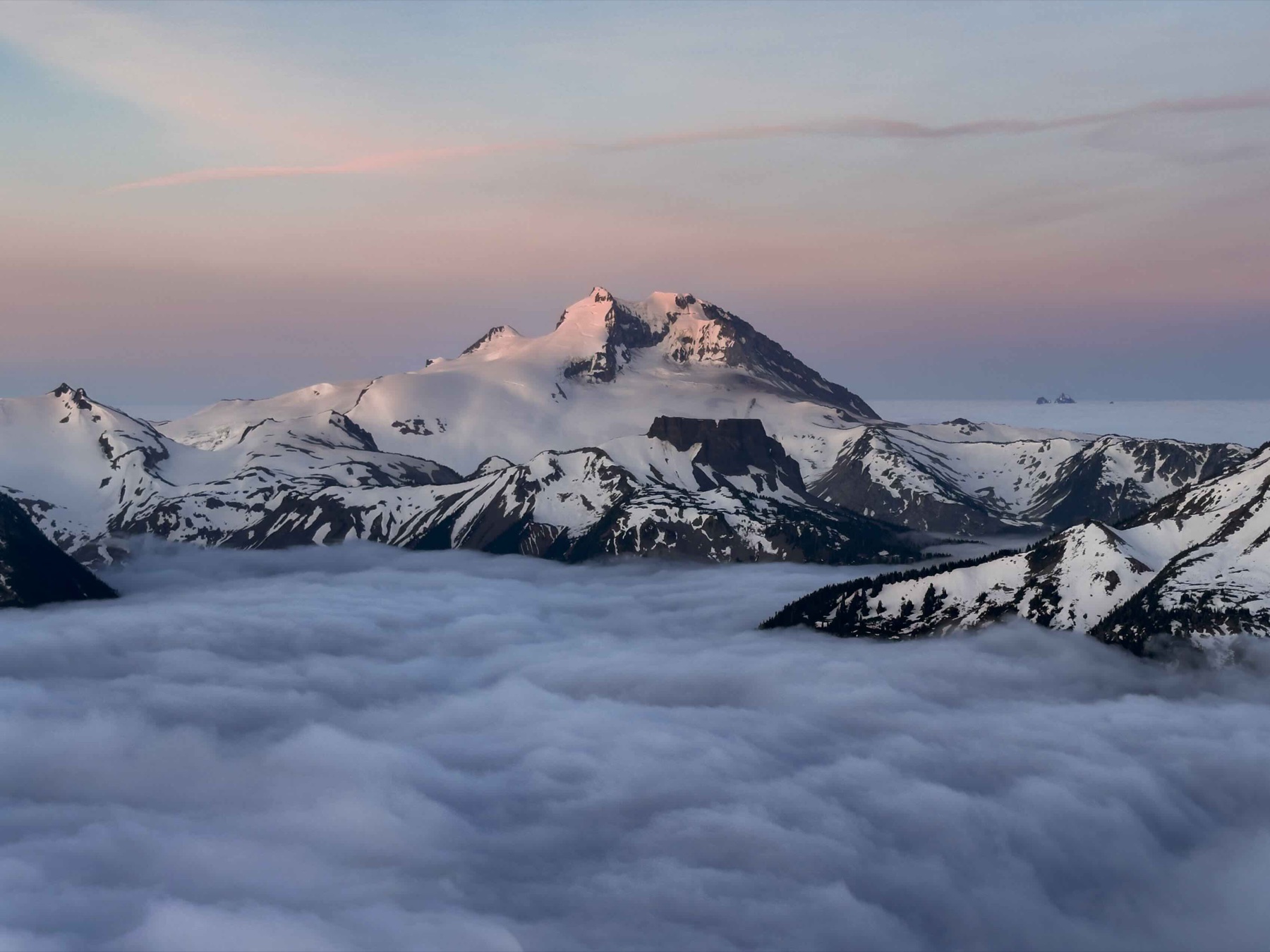 Pink sunrise on snowy peaks above clouds filling the valleys below Panorama Ridge